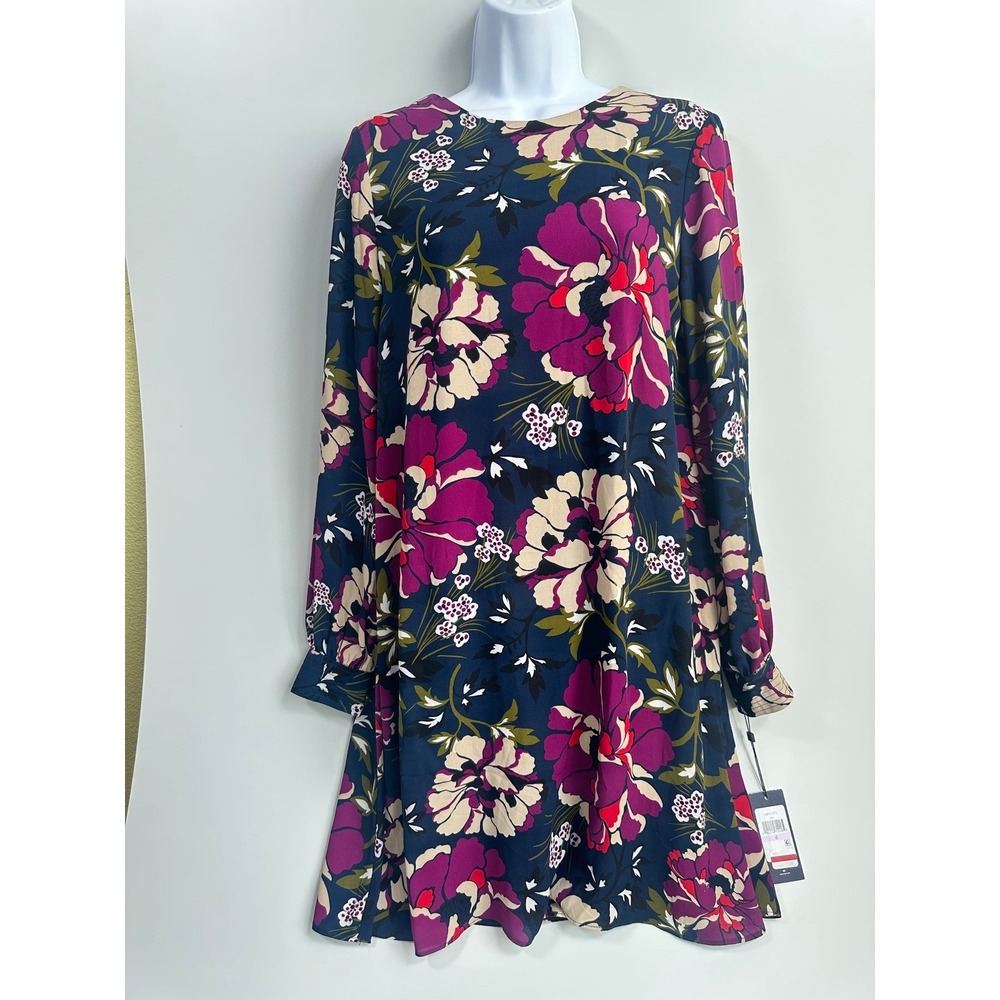 Tommy Hilfiger Chiffon Navy Floral Shift Dress Classic Career Chic Size 10 NWT - Picture 3 of 14
